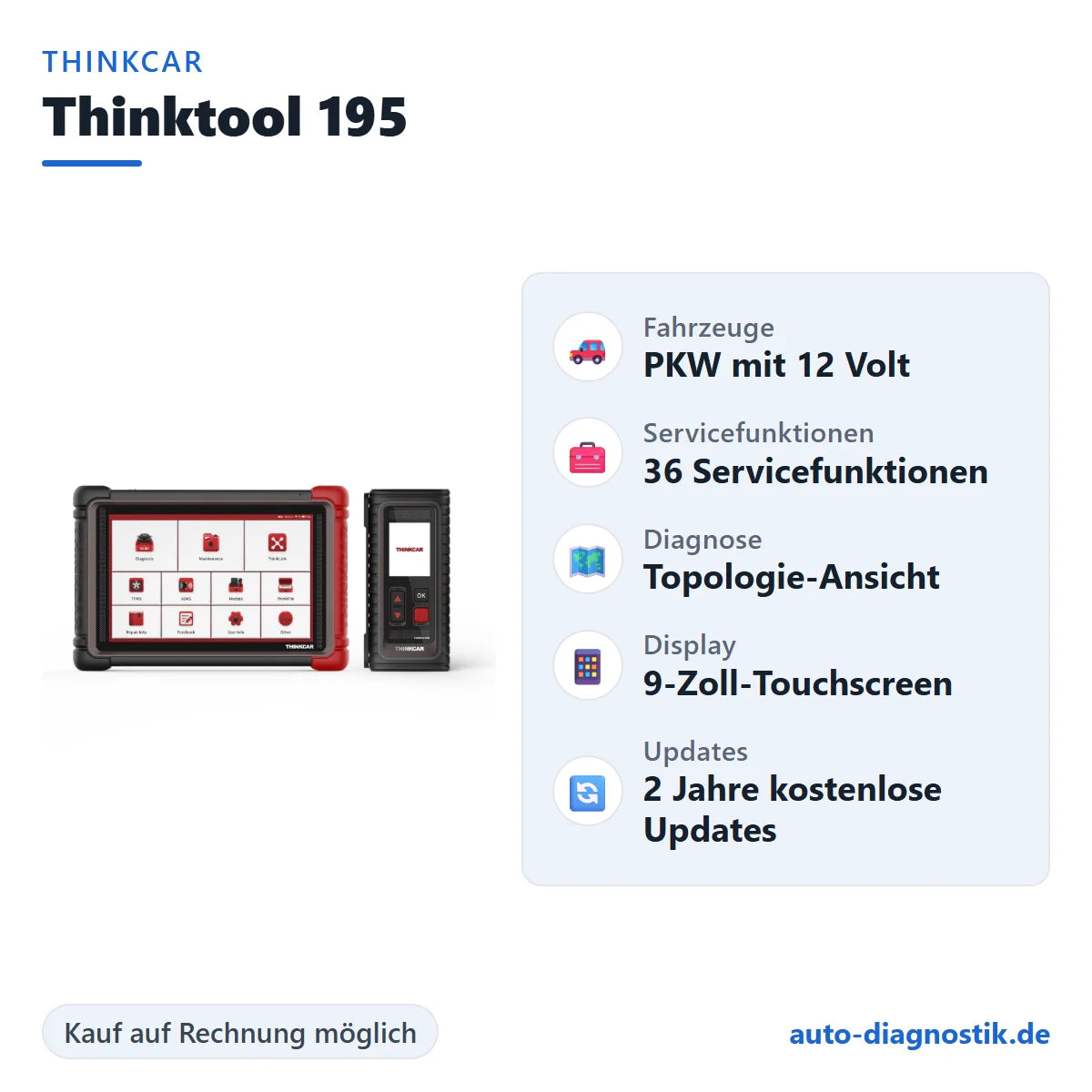 THINKCAR Thinktool 195 mit Übersicht der wichtigsten Funktionen