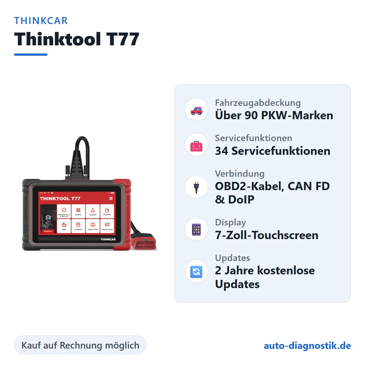 THINKCAR Thinktool T77 mit Übersicht der wichtigsten Funktionen