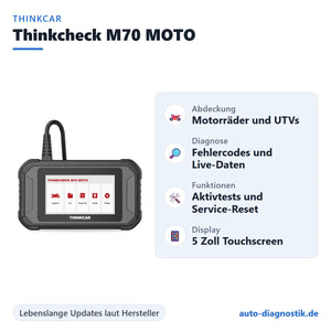 Thinkcar Thinkcheck M70 MOTO mit Übersicht der wichtigsten Funktionen