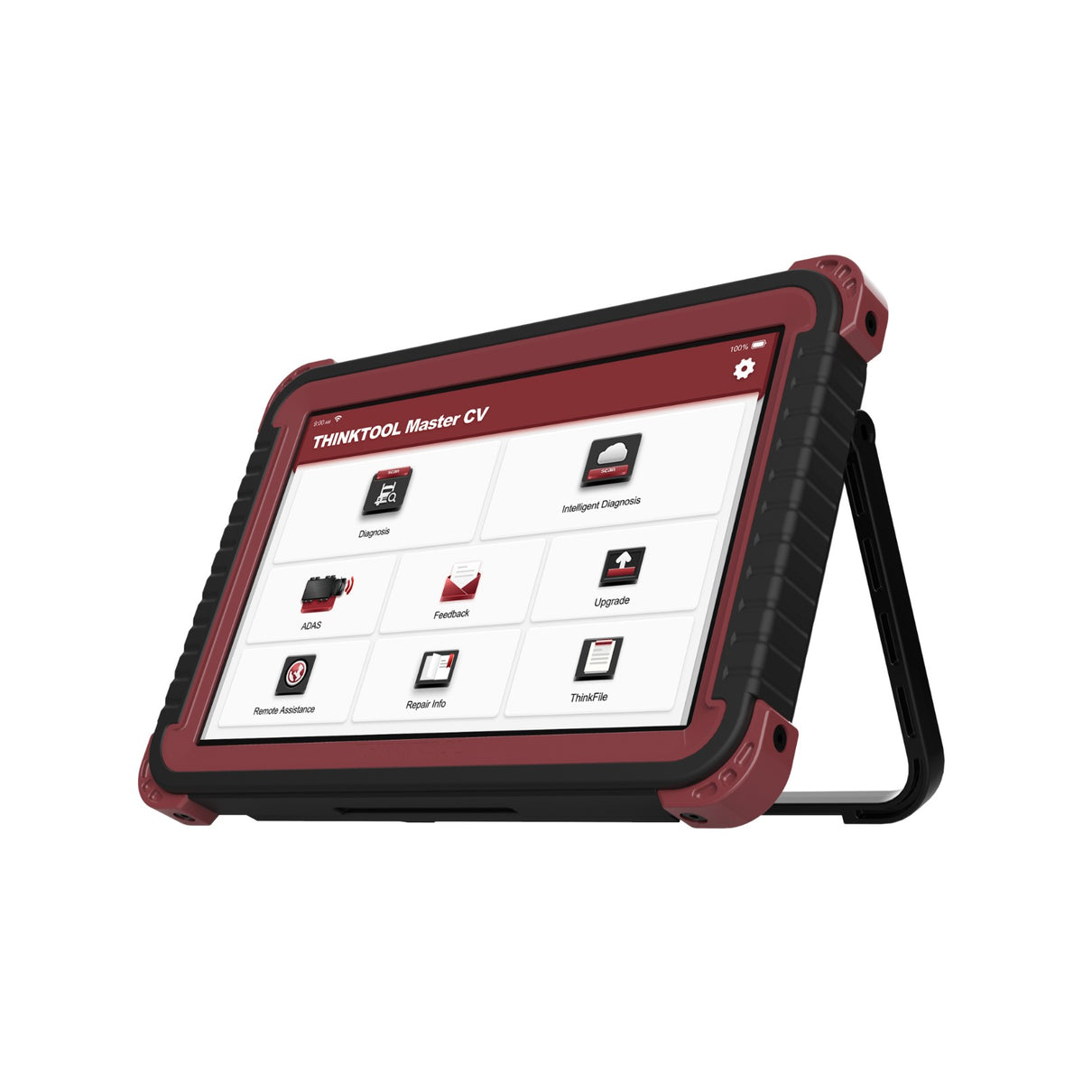 Thinkcar Thinktool Master CV mit ausgeklapptem Standbügel und Startmenü