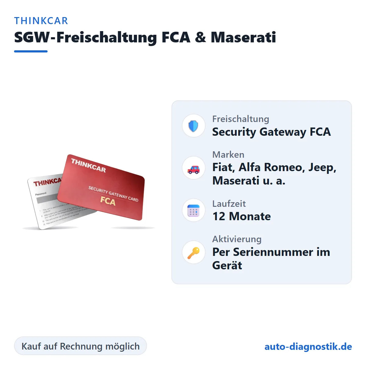 Thinkcar SGW-Freischaltung FCA & Maserati mit Übersicht der wichtigsten Leistungen
