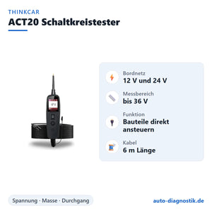 Thinkcar ACT20 Schaltkreistester mit Übersicht der wichtigsten technischen Daten