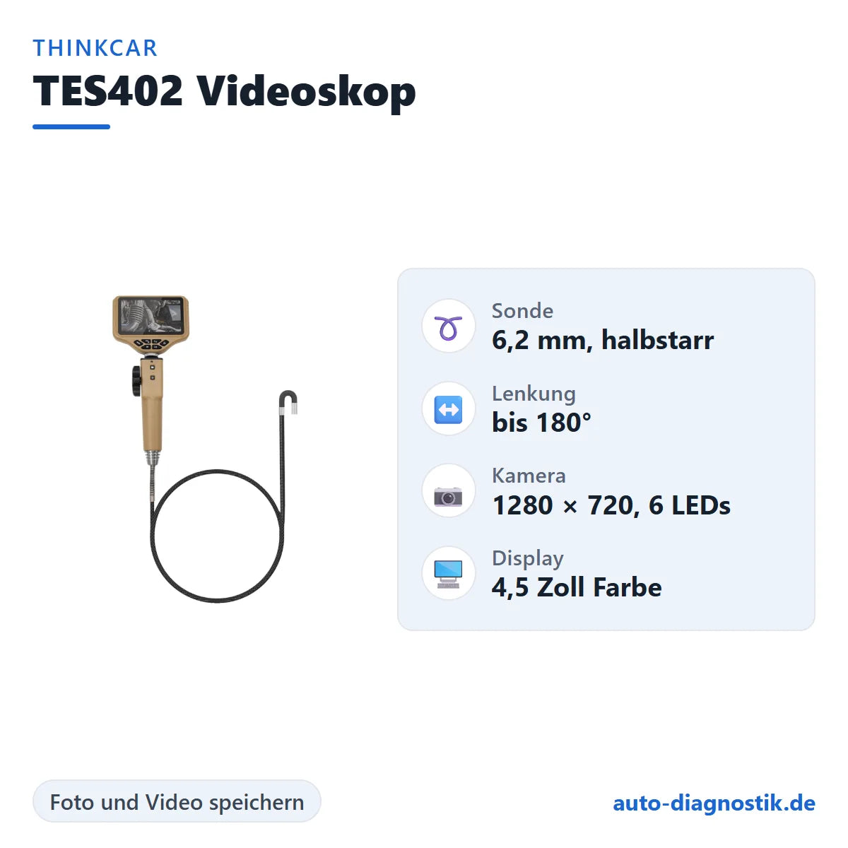 Thinkcar TES402 Videoskop mit Übersicht der wichtigsten technischen Daten