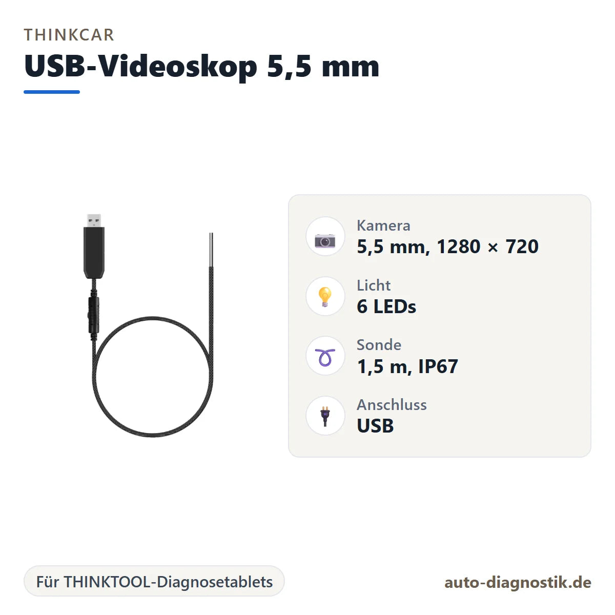Thinkcar USB-Videoskop 5,5 mm mit Übersicht der wichtigsten Eigenschaften