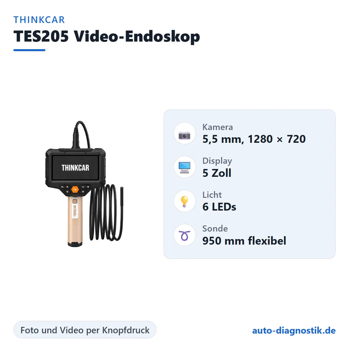 Thinkcar TES205 Video-Endoskop mit Übersicht der wichtigsten technischen Daten