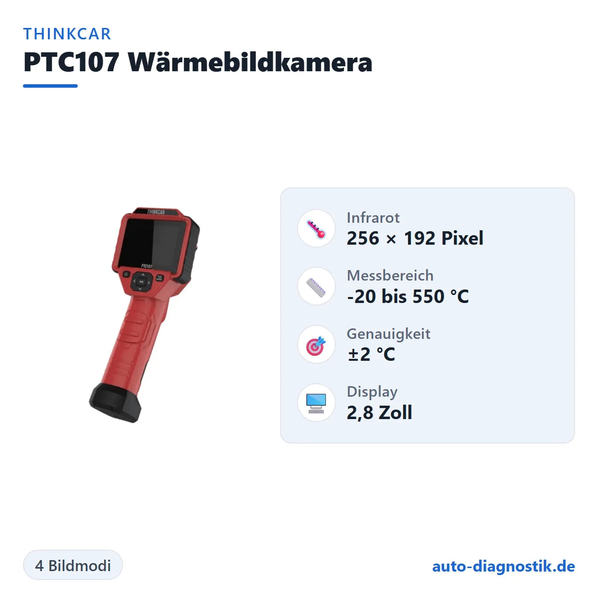 Thinkcar PTC107 Wärmebildkamera mit Übersicht der wichtigsten technischen Daten