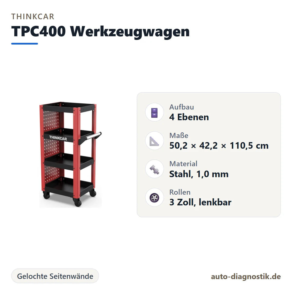 Thinkcar TPC400 Werkzeugwagen mit Übersicht der wichtigsten Eigenschaften