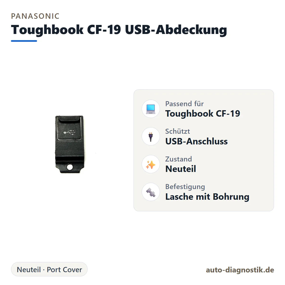 Panasonic Toughbook CF-19 USB-Abdeckung mit Übersicht der wichtigsten Eigenschaften