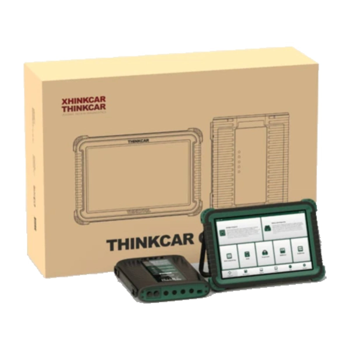 Thinkcar CE EVD Diagnosetablet mit THINKDIAG EV Interface vor dem Originalkarton
