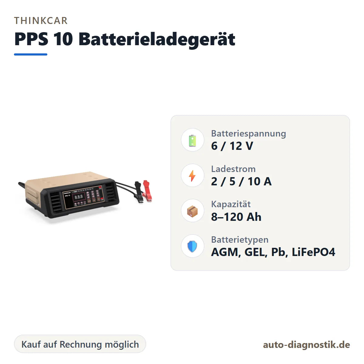 THINKCAR PPS 10 Batterieladegerät mit Übersicht der wichtigsten technischen Daten