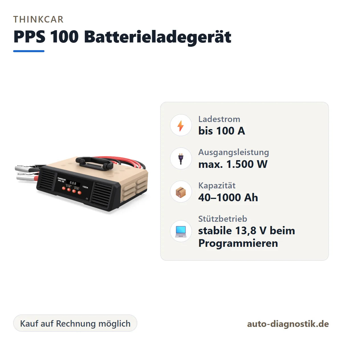 THINKCAR PPS 100 Batterieladegerät mit Übersicht der wichtigsten technischen Daten