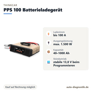 THINKCAR PPS 100 Batterieladegerät mit Übersicht der wichtigsten technischen Daten