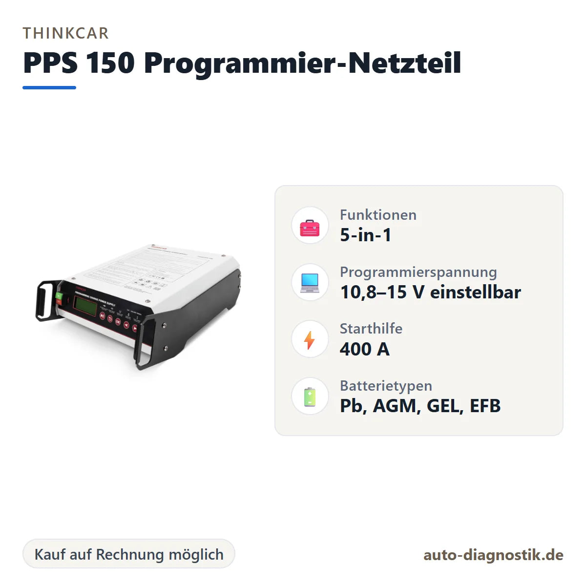 THINKCAR PPS 150 Programmier-Netzteil mit Übersicht der wichtigsten Funktionen