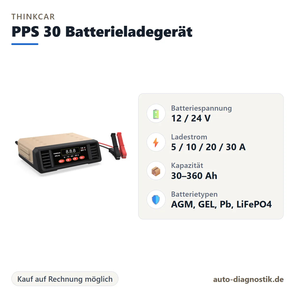 THINKCAR PPS 30 Batterieladegerät mit Übersicht der wichtigsten technischen Daten