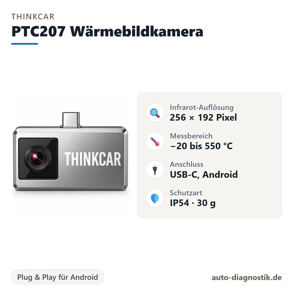 THINKCAR PTC207 Wärmebildkamera mit Übersicht der wichtigsten Eigenschaften