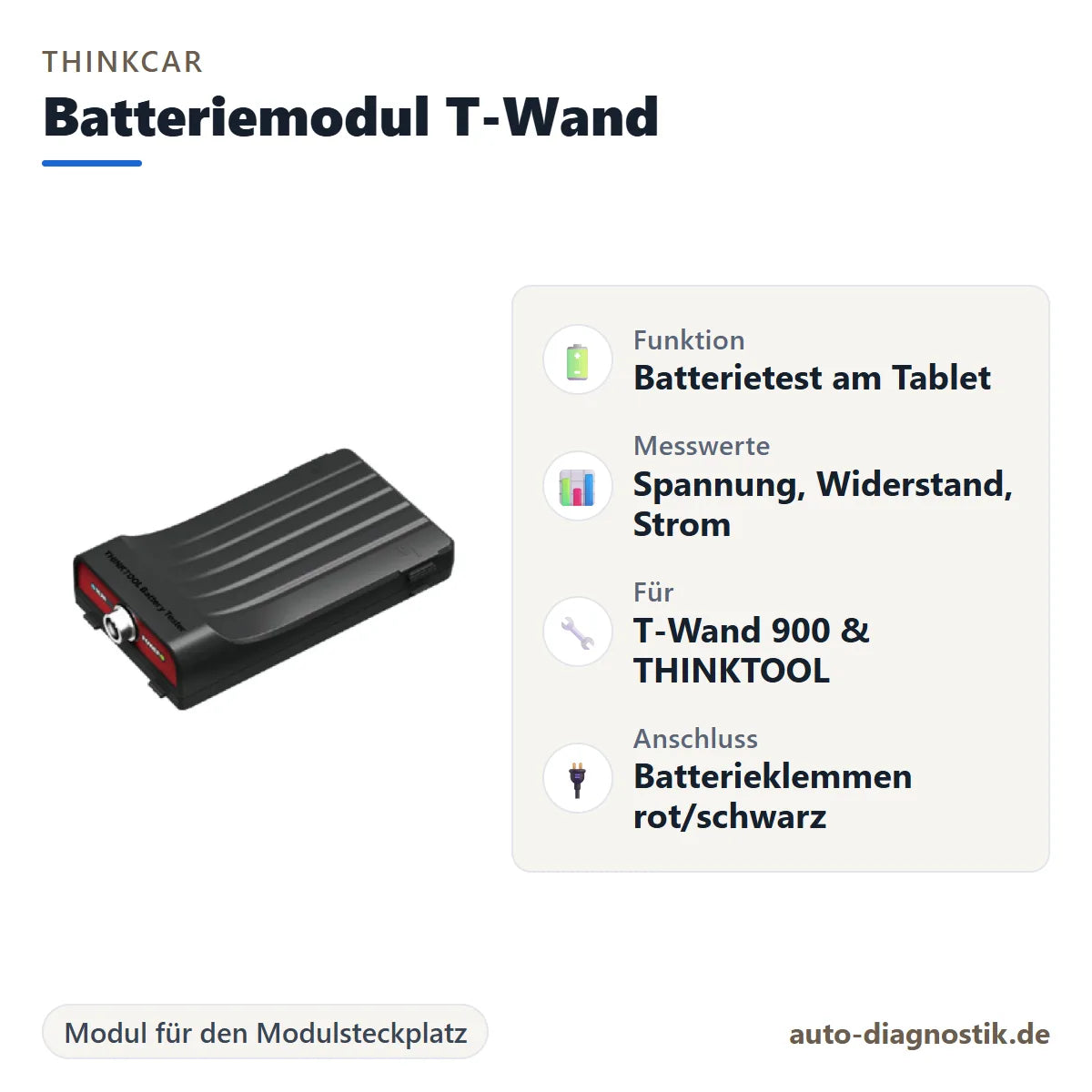 THINKCAR Batteriemodul T-Wand mit Übersicht der wichtigsten Eigenschaften