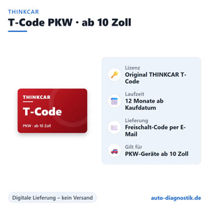 THINKCAR T-Code PKW · ab 10 Zoll mit Übersicht der wichtigsten Lizenzdaten