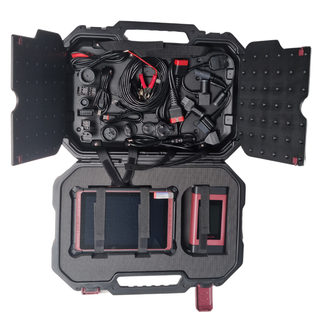 Geöffneter Transportkoffer des THINKCAR Thinktool 393 mit Tablet, Interface, Kabeln und Adaptern