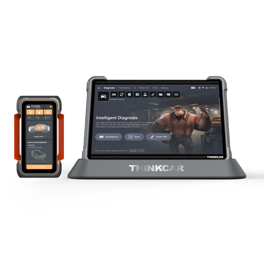THINKCAR Thinktool 399 mit eingeschaltetem THINKLINK-PRO-Interface und Tablet in der Ladestation
