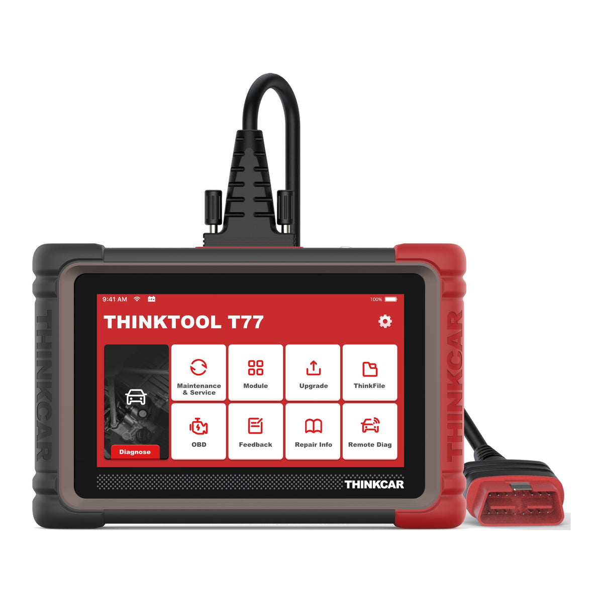 THINKCAR Thinktool T77 Diagnosetablet mit eingestecktem OBD2-Diagnosekabel von vorne