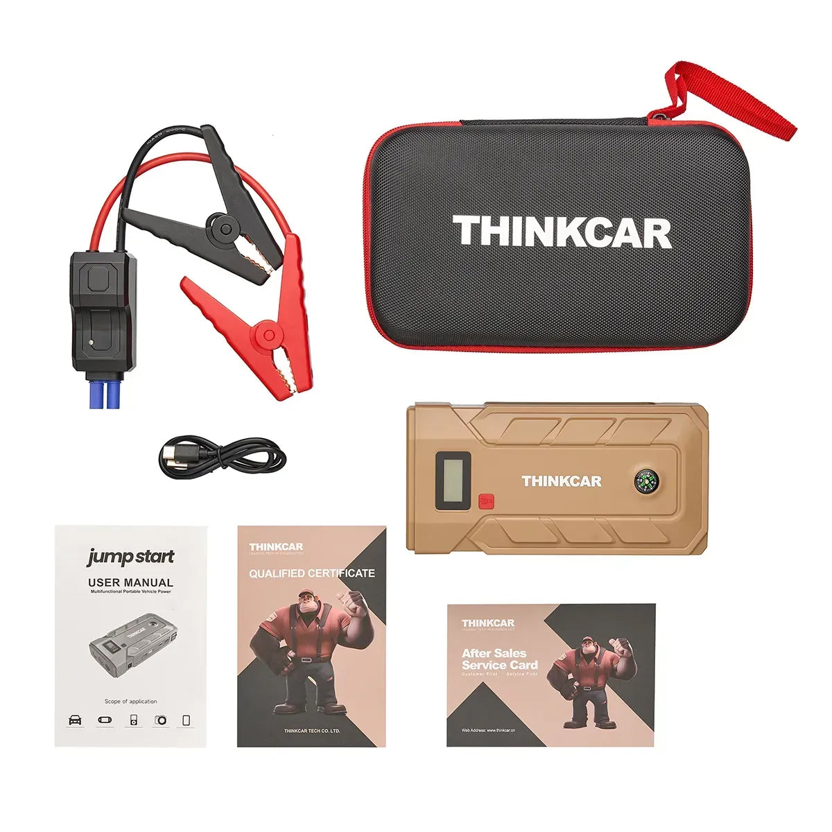 Thinkcar TJS-160 Lieferumfang mit Klemmenkabel, Tasche, USB-Kabel und Anleitung