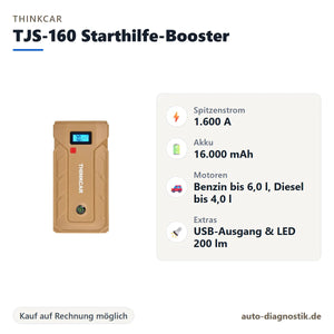 THINKCAR TJS-160 Starthilfe-Booster mit Übersicht der wichtigsten technischen Daten