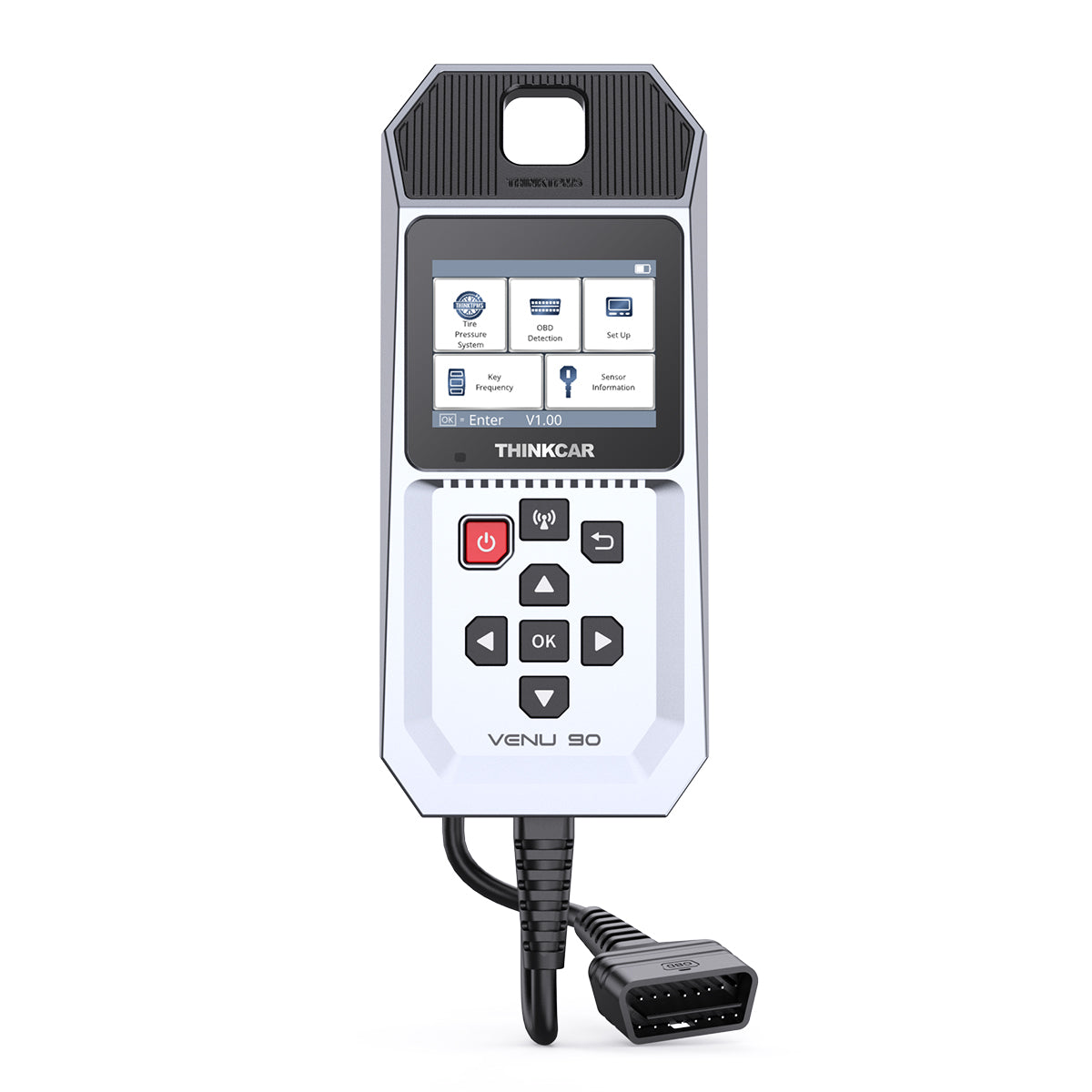 Thinkcar VENU 90 RDKS-Diagnosegerät Frontansicht mit Display und OBD2-Kabel