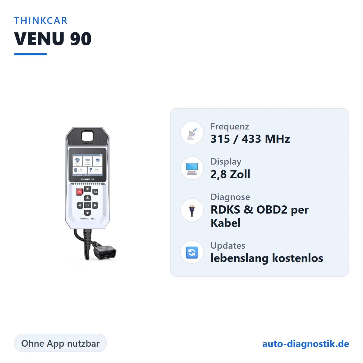 THINKCAR VENU 90 mit Übersicht der wichtigsten Funktionen