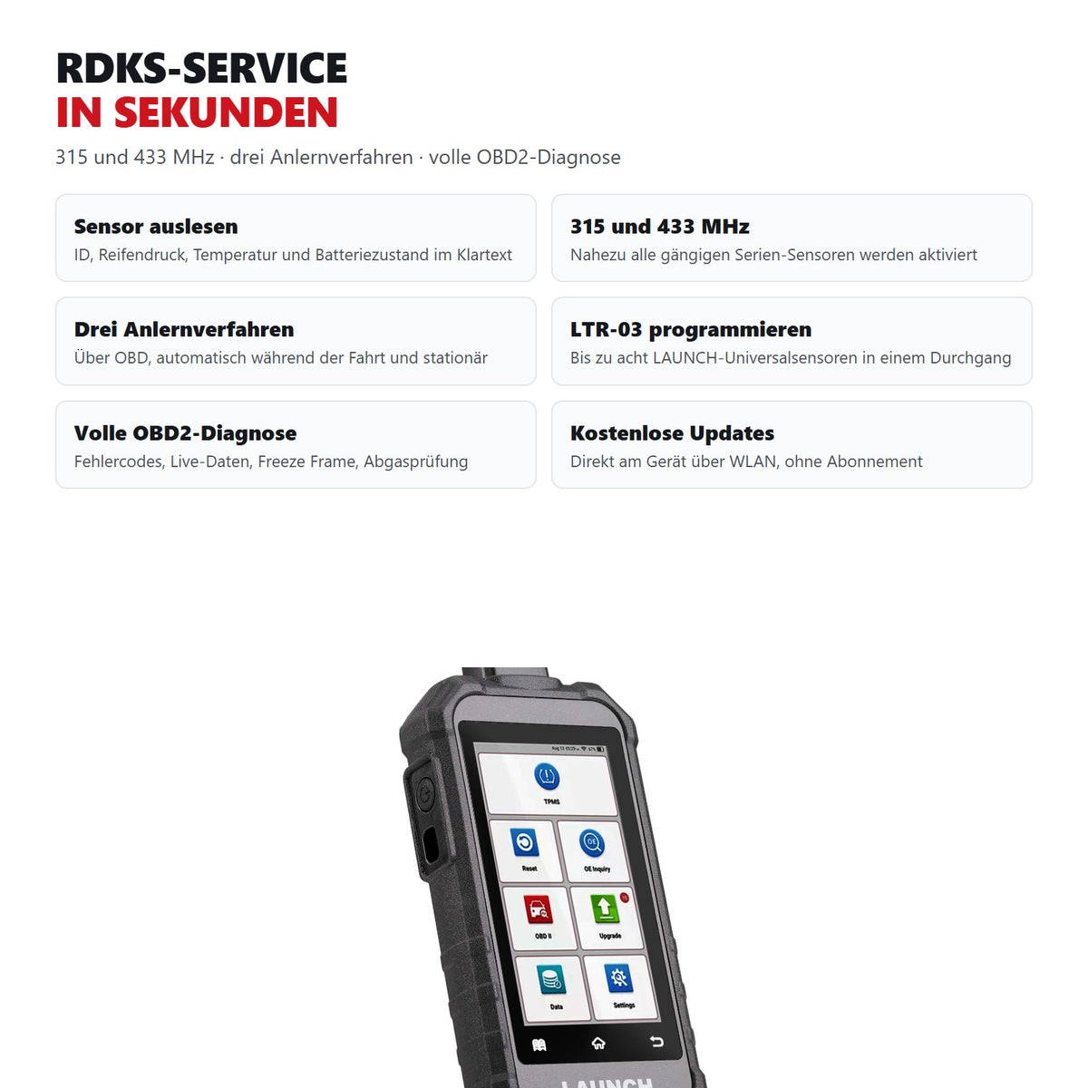 Funktionsuebersicht des RDKS-Geraets: Sensoren auslesen, 315 und 433 MHz, drei Anlernverfahren, LTR-03 programmieren, OBD2-Diagnose