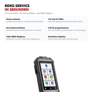 Funktionsuebersicht des RDKS-Geraets: Sensoren auslesen, 315 und 433 MHz, drei Anlernverfahren, LTR-03 programmieren, OBD2-Diagnose
