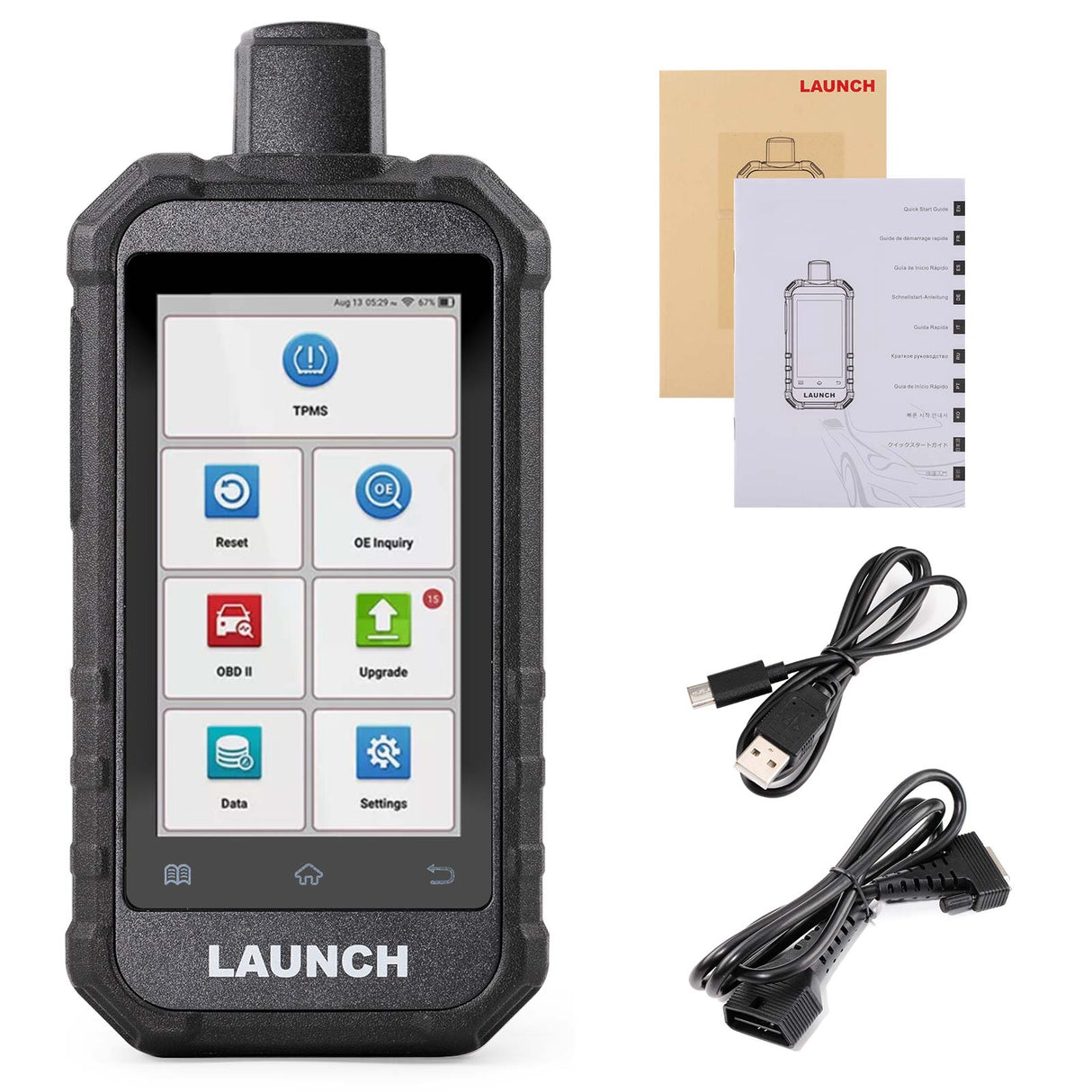 LAUNCH X431 TPMS 5011 V2 mit OBD2-Kabel, USB-Ladekabel und Anleitung vor weissem Hintergrund