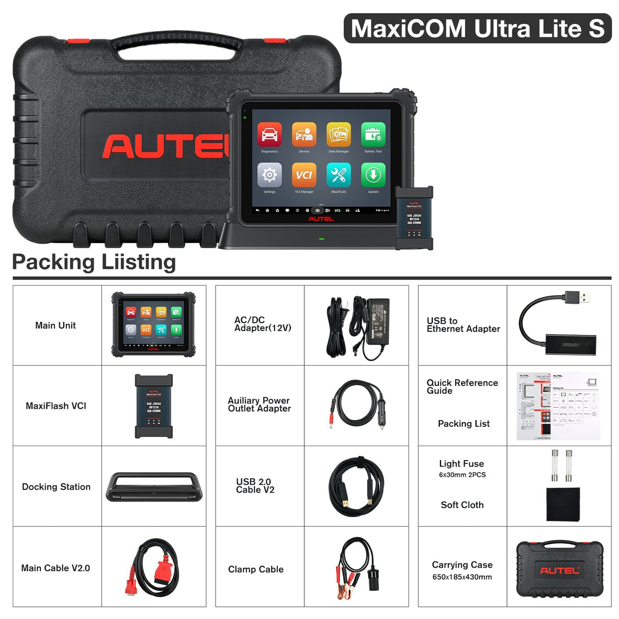 Autel MaxiSys Ultra Lite S Lieferumfang-Übersicht mit Docking-Station und Kabeln