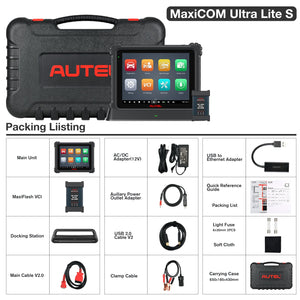 Autel MaxiSys Ultra Lite S Lieferumfang-Übersicht mit Docking-Station und Kabeln