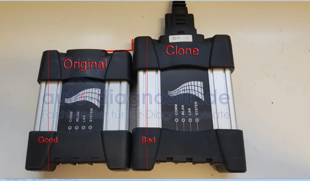 Vergleich Original ICOM Next A und Clone-Version mit sichtbaren Gehäuseunterschieden