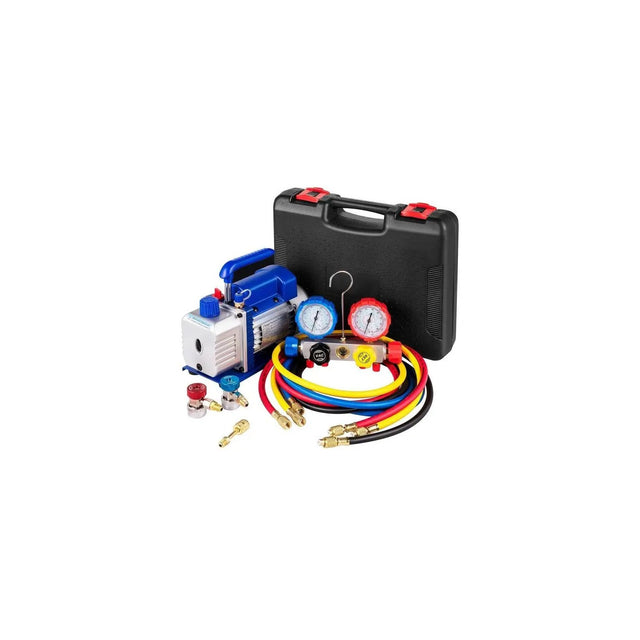 Vakuumpumpe 4,8 CFM mit 4-Wege-Manometer-Set, Schlaeuchen, Adaptern und Koffer vor weissem Hintergrund