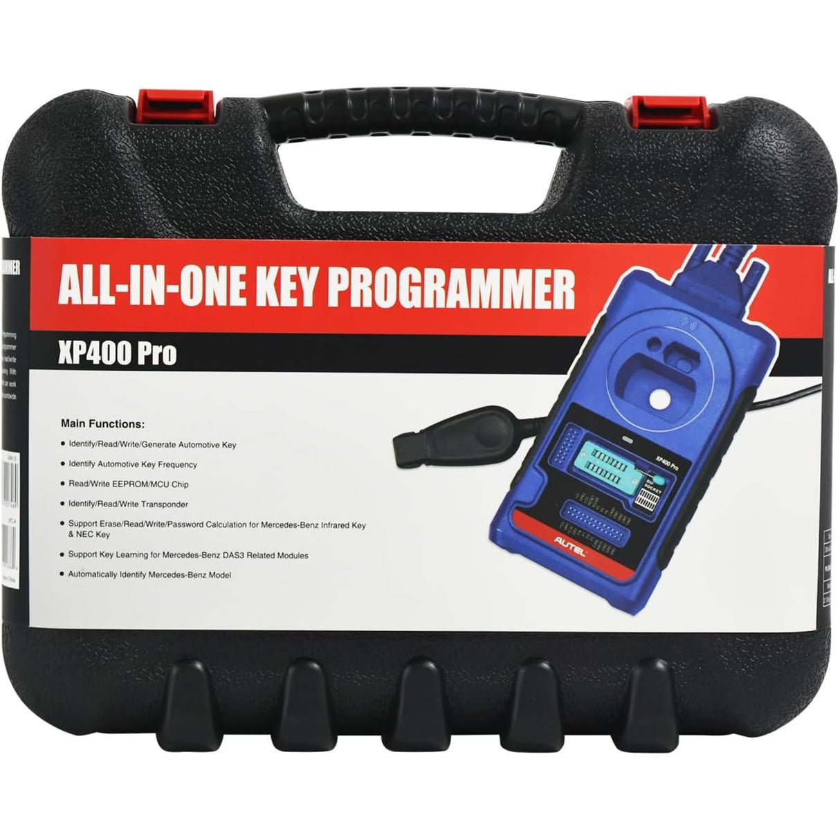 Autel XP400 Pro Transportkoffer mit Übersicht der Hauptfunktionen des Schlüsselprogrammierers