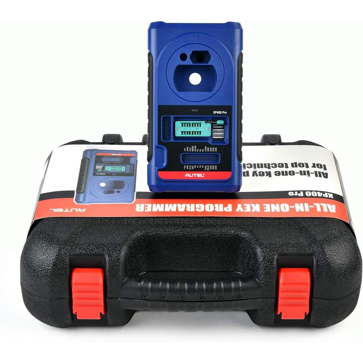 Autel XP400 Pro Schlüssel- und Chipprogrammierer aufrecht stehend auf dem Transportkoffer