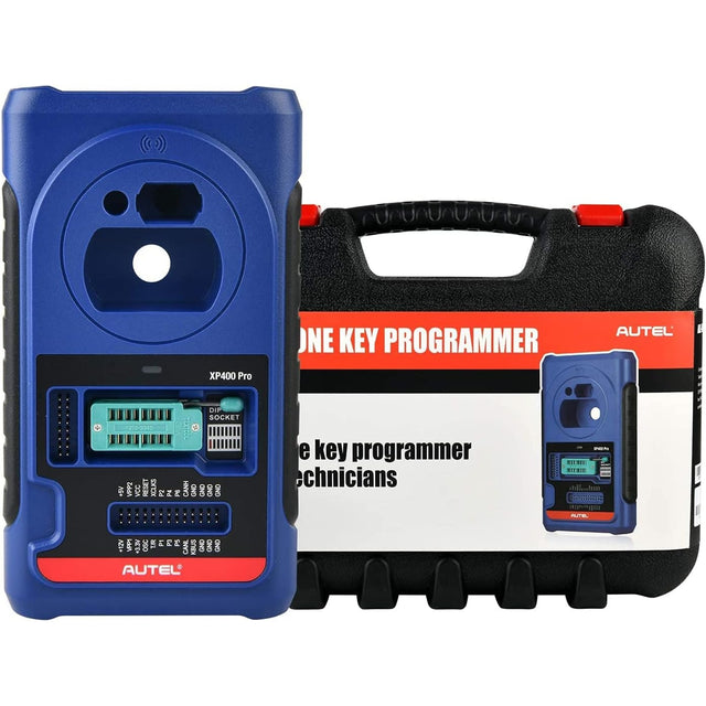 Autel XP400 Pro Schlüsselprogrammierer mit Transponder-Slot und DIP-Sockel vor dem Transportkoffer